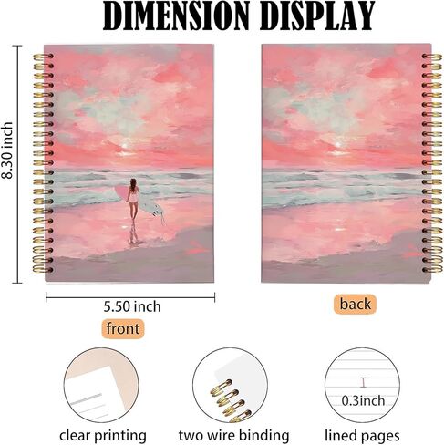 bitCNY Surf Girl Notebook 8.3x5.5 Inch – Pink Sunset Beach Spiral Journal, Inspirational Ocean Notebook for Girls & Teens, Lined Paper for Journaling in Saudi Arabia