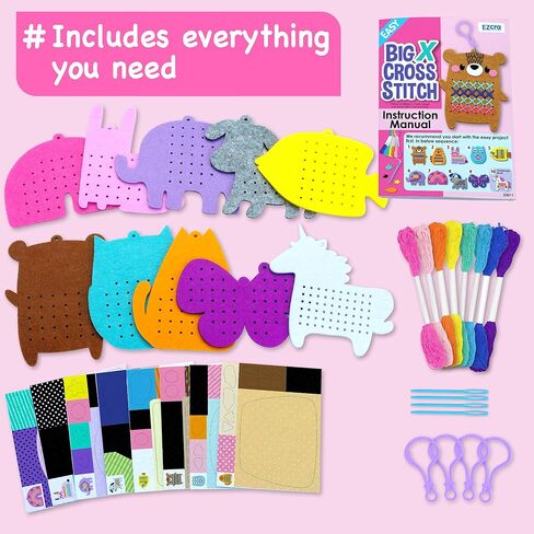 الفنون والحرف اليدوية السهلة للأطفال من EZCRA - مجموعات غرز متقاطعة للمبتدئين للأطفال - غرز متقاطعة كبيرة جدًا بإبرة مختلطة - 10 مشاريع حيوانات لا تسبب فوضى - كل شيء متضمن - العمر 4،5،6،7،8 in Kuwait