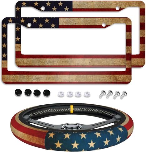 Checkered Brown License Plate Frame 2pc Checkered Brown Black License Plate Frame Checkereds Steering Wheel Cover Steering Wheel Cover Cars Aluminum with Fits Standard Us Ca Vehicles in Saudi Arabia