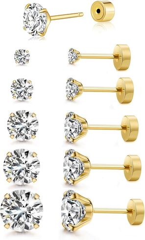 Women's 14K Gold Plated CZ Stud Earrings Simulated Diamond Round Cubic Zirconia Ear Stud Set（5 Pairs) in Kuwait