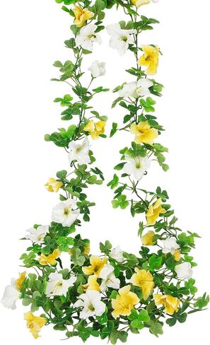 2 Pcs Artificial Flowers Vines Outdoors Silk Petunias Garland Spring Flowers Garland for Mantle 11FT Fake Morning Glory Hanging Vines Plants for Mailbox Fence Wedding Banquet Decor White Yellow in Saudi Arabia