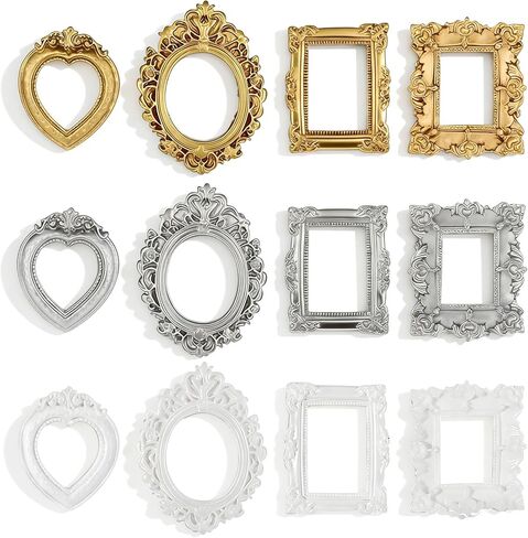 12 PCS Mini Vintage Photo Frames Baroque Antique Mini Picture Frames Small Photo Frame Miniature Jewelry Display Table Wall Hanging Frame for Christmas DIY Holiday Party Wedding Decoration, 3 Colors in Kuwait
