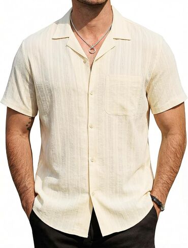 قمصان VATPAVE للرجال الكوبية Guayabera بأزرار للأسفل وأكمام قصيرة قميص قطني غير رسمي للصيف والشاطئ قمصان الزفاف مع جيب in Kuwait
