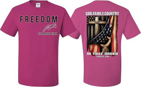 Charlie Kirk Freedom Signature Front & Back God Family Country in Order USA T-Shirts in Saudi Arabia