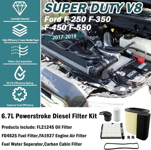 طقم صيانة فلتر Powerstroke 6.7 بديل، يناسب F250 F350 F450 F550 لـ Super Duty V8 2017-2019؛ فلتر هواء المحرك، فلتر الوقود، فلتر الزيت يستبدل FA1927 وFD4624 وFL2124S in Kuwait