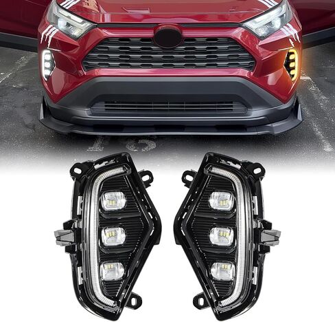 مصابيح LED للجري أثناء النهار تناسب مجموعة مصابيح الضباب Toyota RAV4 2019-2022، مجموعة مصابيح الضباب Rav4 مع مصابيح إشارة الانعطاف الكهرماني DRL، 3 عيون RAV4 DRL أضواء النهار مع إطار (زوج واحد) in Kuwait