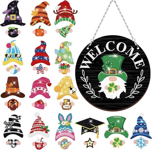 Qunclay Christmas Magnetic Gnome Diamond Art for Adult Xmas Interchangeable Gnome Seasonal Welcome Sign DIY Hanging Front Door Home Decor with Magnet Detachable Hat and Hand(Light Wood Color) in Kuwait