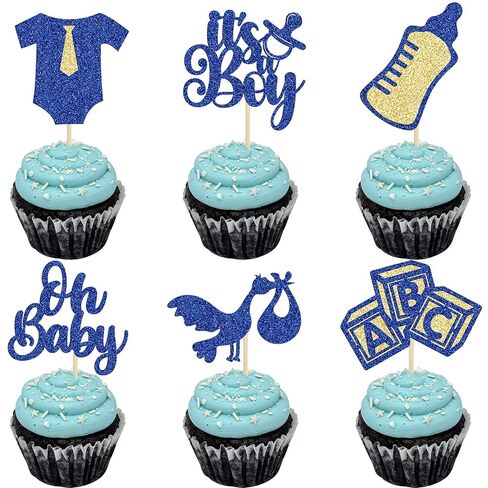 Gyufise 24Pcs Baby Shower Oh Baby Cupcake Toppers It's a Boy Cupcake Picks Glitter Tie Onesie Baby Bottle Cake Picks Decorations for Gender Reveal Baby Shower Boys Birthday Party Supplies Blue in Saudi Arabia