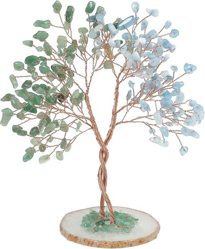 Hand Wrapped Wire Crystal Tree of Life with Natural Agate Slice Base, Reiki Healing Stone Money Tree for Feng Shui Home Decoration, Green Aventurine & Aquamarine in Kuwait