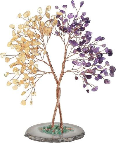 Hand Wrapped Wire Crystal Tree of Life with Natural Agate Slice Base, Reiki Healing Stone Money Tree for Feng Shui Home Decoration, Green Aventurine & Aquamarine in Saudi Arabia