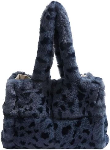 Leopard Print Faux Fur Tote Bag, Fashion Fuzzy Cheetah Shoulder Underarm Bag for Women Winter Plush Handbag Purse in Kuwait
