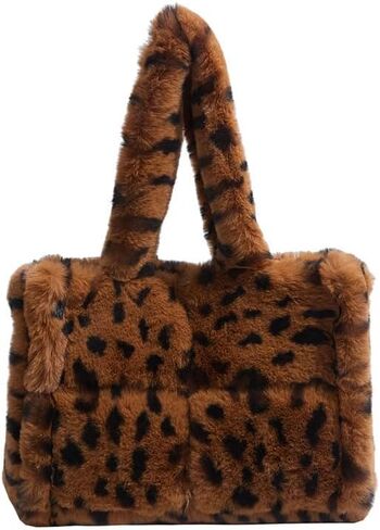 Leopard Print Faux Fur Tote Bag, Fashion Fuzzy Cheetah Shoulder Underarm Bag for Women Winter Plush Handbag Purse in Saudi Arabia