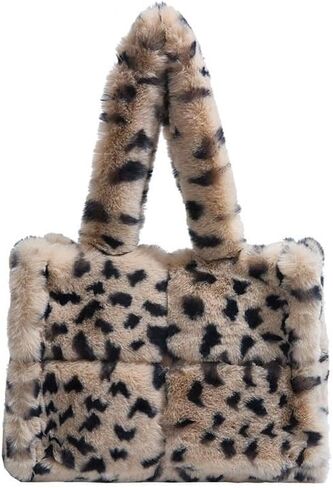 Leopard Print Faux Fur Tote Bag, Fashion Fuzzy Cheetah Shoulder Underarm Bag for Women Winter Plush Handbag Purse in Saudi Arabia