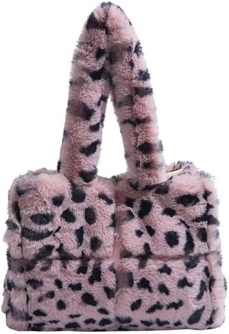 Leopard Print Faux Fur Tote Bag, Fashion Fuzzy Cheetah Shoulder Underarm Bag for Women Winter Plush Handbag Purse in Saudi Arabia