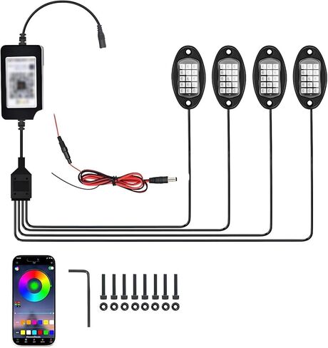 WZP 4 Pods RGB LED Rock Lights، مجموعة إضاءة LED متعددة الألوان مع التحكم في التطبيق ووضع الموسيقى، 12 فولت PVC مقاوم للماء على الطرق الوعرة، ضوء عجلة لشاحنة SUV ATV UTV عربة الجولف بيك اب in Kuwait