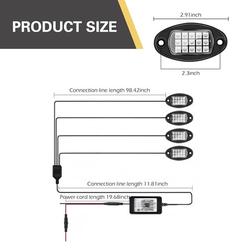 WZP 4 Pods RGB LED Rock Lights، مجموعة إضاءة LED متعددة الألوان مع التحكم في التطبيق ووضع الموسيقى، 12 فولت PVC مقاوم للماء على الطرق الوعرة، ضوء عجلة لشاحنة SUV ATV UTV عربة الجولف بيك اب in Kuwait