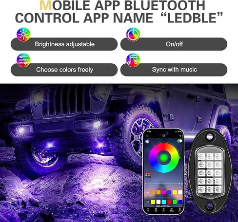 WZP 4 Pods RGB LED Rock Lights، مجموعة إضاءة LED متعددة الألوان مع التحكم في التطبيق ووضع الموسيقى، 12 فولت PVC مقاوم للماء على الطرق الوعرة، ضوء عجلة لشاحنة SUV ATV UTV عربة الجولف بيك اب in Kuwait