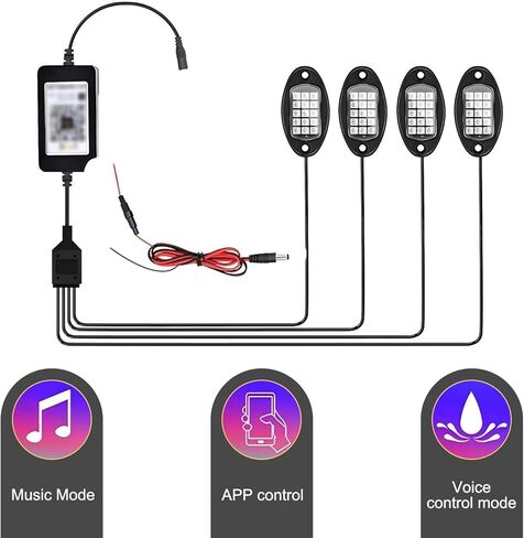 WZP 4 Pods RGB LED Rock Lights، مجموعة إضاءة LED متعددة الألوان مع التحكم في التطبيق ووضع الموسيقى، 12 فولت PVC مقاوم للماء على الطرق الوعرة، ضوء عجلة لشاحنة SUV ATV UTV عربة الجولف بيك اب in Kuwait