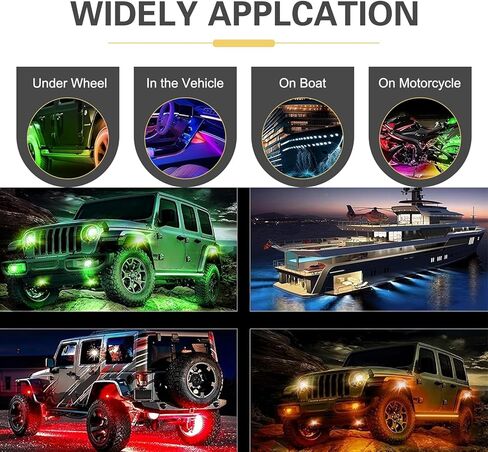 WZP 4 Pods RGB LED Rock Lights، مجموعة إضاءة LED متعددة الألوان مع التحكم في التطبيق ووضع الموسيقى، 12 فولت PVC مقاوم للماء على الطرق الوعرة، ضوء عجلة لشاحنة SUV ATV UTV عربة الجولف بيك اب in Kuwait