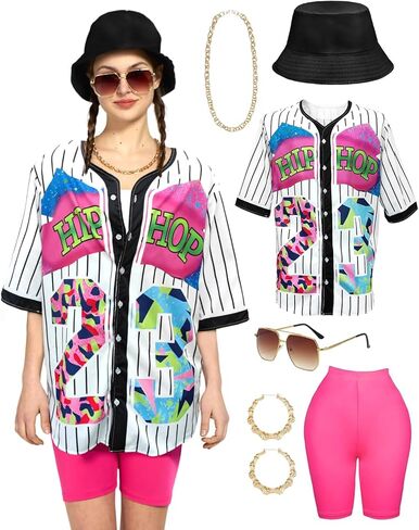 80s 90s Outfit for Women 90s Themed Party Outfits Baseball Jersey Shirts Hippop Clothes 80s Costume Accesories in Kuwait