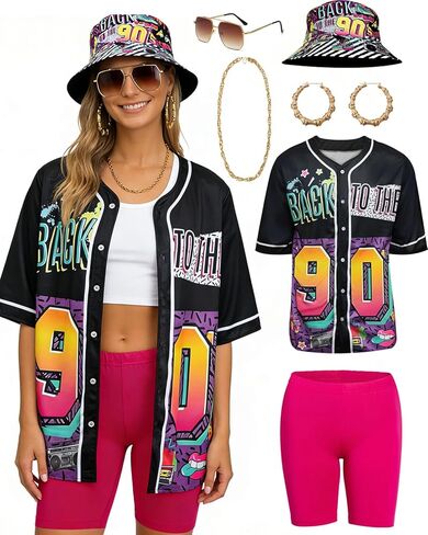 80s 90s Outfit for Women 90s Themed Party Outfits Baseball Jersey Shirts Hippop Clothes 80s Costume Accesories in Saudi Arabia