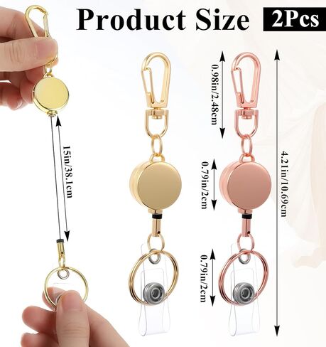 2Pcs Gold Badge Reel, Metal Retractable Key Chain Card Holder Durable Badge Reel with Clip & Heavy Duty Snap Hooks, Simple Design for Easy Access, Work Events Outdoor Use(Gold & rose gold） in Saudi Arabia