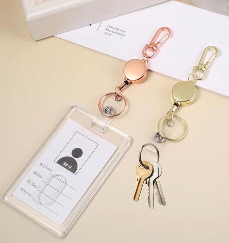 2Pcs Gold Badge Reel, Metal Retractable Key Chain Card Holder Durable Badge Reel with Clip & Heavy Duty Snap Hooks, Simple Design for Easy Access, Work Events Outdoor Use(Gold & rose gold） in Saudi Arabia