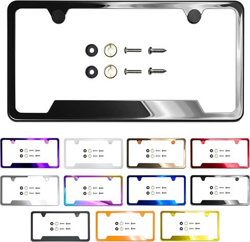 T304 Stainless Steel License Plate Frame (1 Pack), Electroplated, Slim US Standard 12.31" x 6.31", Fits 7" Hole Spacing, Includes Screw Caps/Washers + M6 & Self-Tapping Screws (Chrome) in Saudi Arabia
