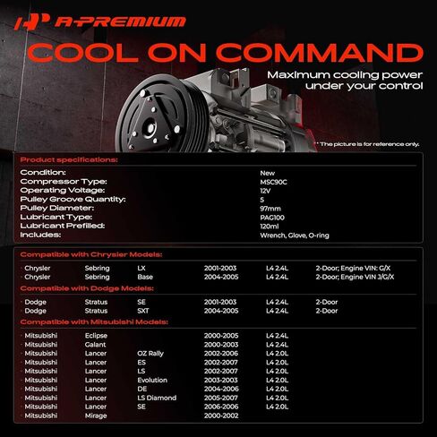 A-Premium Air Conditioner AC Compressor with Clutch Compatible with Mitsubishi Mirage 2000-2002, Lancer 2002-2007, Eclipse 2000-2005, Galant 2000-2003 & Chrysler Sebring 2001-2005 & Dodge Stratus in Saudi Arabia