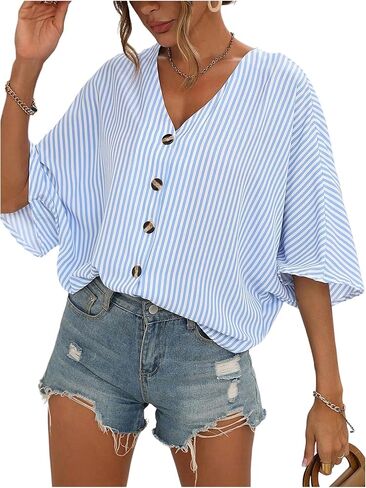 MakeMeChic Women's Striped Blouses Casual Button Up Loose Shirt 3/4 Length Sleeve V Neck Summer Tops Shirt in Saudi Arabia