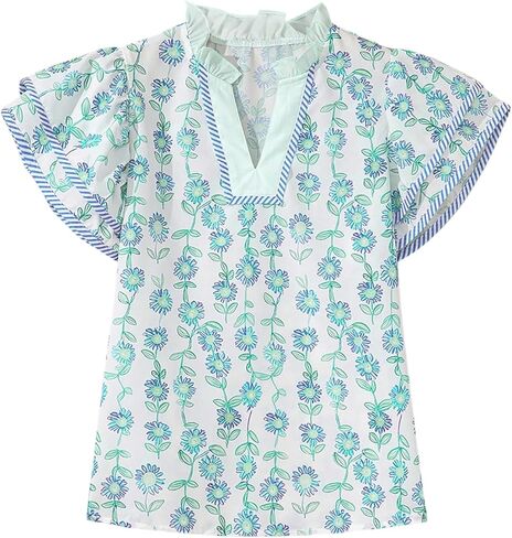 MakeMeChic Women's Floral Blouse Dressy Casual Notch V Neck Ruffle Neck Sleeve Summer Vacation Tops in Saudi Arabia