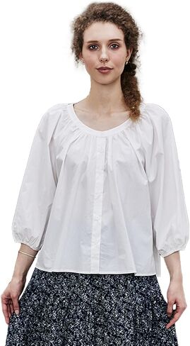 Women's Victorian Cotton Puff Sleeve Blouse White Romantic 3/4 Sleeve Comfy Top with Round Collar S-2XL in Kuwait