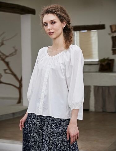 Women's Victorian Cotton Puff Sleeve Blouse White Romantic 3/4 Sleeve Comfy Top with Round Collar S-2XL in Kuwait
