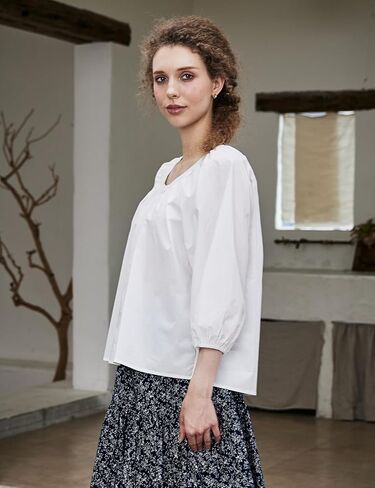 Women's Victorian Cotton Puff Sleeve Blouse White Romantic 3/4 Sleeve Comfy Top with Round Collar S-2XL in Kuwait