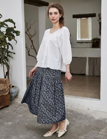 Women's Victorian Cotton Puff Sleeve Blouse White Romantic 3/4 Sleeve Comfy Top with Round Collar S-2XL in Kuwait