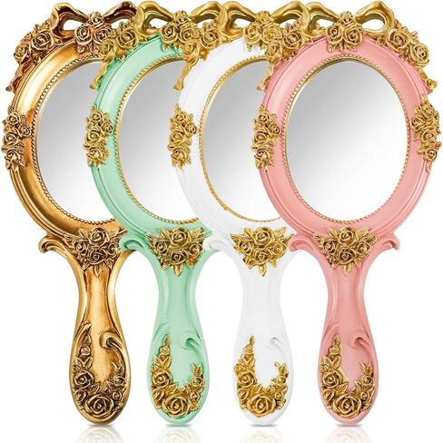 Goaste 4 Pack Vintage Handheld Mirrors, Retro-Style Vanity Makeup Mirror with Embossed Rose & Bowknot, Portable Resin Princess Cosmetic Mirrors with Handle, Cute Oval Mirror for Mom Wife Girl Friend in Saudi Arabia