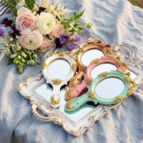 Goaste 4 Pack Vintage Handheld Mirrors, Retro-Style Vanity Makeup Mirror with Embossed Rose & Bowknot, Portable Resin Princess Cosmetic Mirrors with Handle, Cute Oval Mirror for Mom Wife Girl Friend in Saudi Arabia