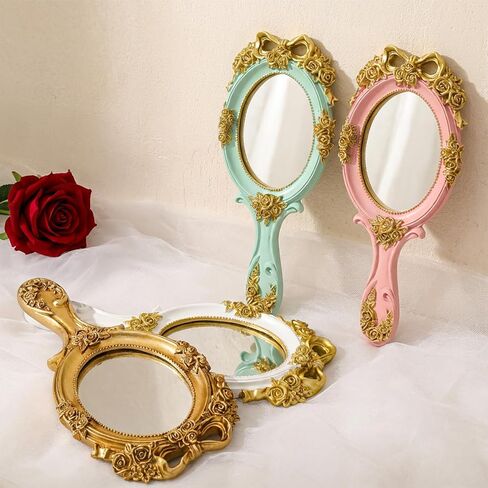 Goaste 4 Pack Vintage Handheld Mirrors, Retro-Style Vanity Makeup Mirror with Embossed Rose & Bowknot, Portable Resin Princess Cosmetic Mirrors with Handle, Cute Oval Mirror for Mom Wife Girl Friend in Saudi Arabia