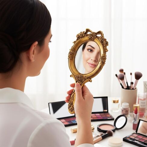 Goaste 4 Pack Vintage Handheld Mirrors, Retro-Style Vanity Makeup Mirror with Embossed Rose & Bowknot, Portable Resin Princess Cosmetic Mirrors with Handle, Cute Oval Mirror for Mom Wife Girl Friend in Saudi Arabia