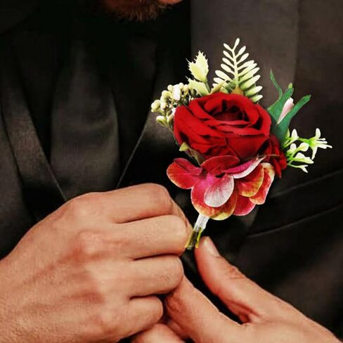 Latious Wedding Flower Boutonniere Red Groom Rose Buttonholes Men's Boutineer Party Suit Decoration Prom Anniversary Accessories for Groomsmans and Man (A-Red) in Kuwait