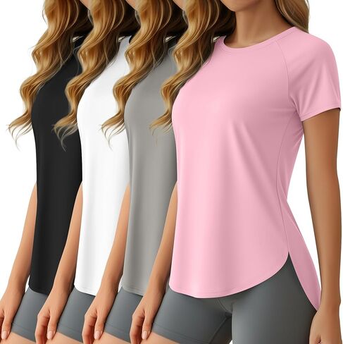 4 Pack Women's Workout Tops Short Sleeve Shirts UV Protection Quick Dry Side Slits Athletic Outfits for Running in Kuwait