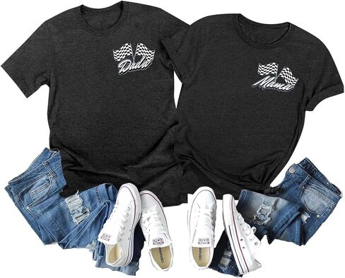 Racing Birthday Party Matching Shirt Mom and Dad Car Racer Couple T Shirt Checkered Flag Short Sleeve Tee Tops in Saudi Arabia