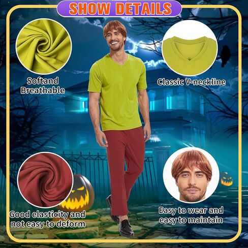 مجموعة أزياء الهالوين التنكري للرجال الكلاسيكيين لشخصيات كرتونية، شعر مستعار بني، تي شيرت أخضر وسروال بني in Kuwait