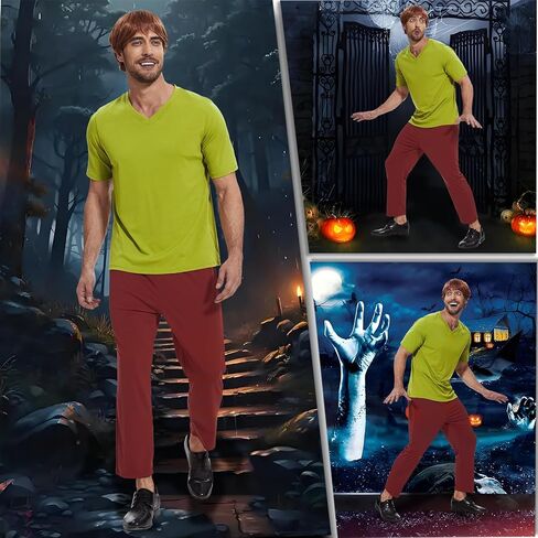 مجموعة أزياء الهالوين التنكري للرجال الكلاسيكيين لشخصيات كرتونية، شعر مستعار بني، تي شيرت أخضر وسروال بني in Kuwait