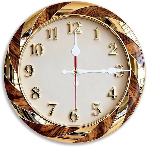 Wall Clock Art Print, Silent Non Ticking Battery Operated,Gold & Wood Grain Wall Clock 2D Art Print Decorative for Bathroom Kitchen Bedroom 10 inch & 12 inch, Ships Next Day，No Battery in Saudi Arabia