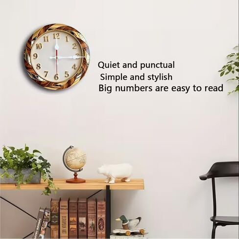 Wall Clock Art Print, Silent Non Ticking Battery Operated,Gold & Wood Grain Wall Clock 2D Art Print Decorative for Bathroom Kitchen Bedroom 10 inch & 12 inch, Ships Next Day，No Battery in Saudi Arabia