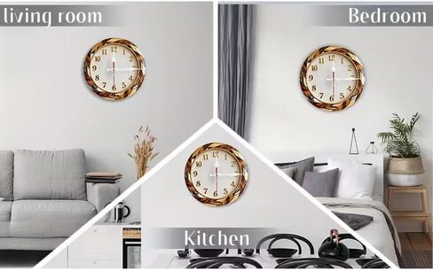 Wall Clock Art Print, Silent Non Ticking Battery Operated,Gold & Wood Grain Wall Clock 2D Art Print Decorative for Bathroom Kitchen Bedroom 10 inch & 12 inch, Ships Next Day，No Battery in Saudi Arabia
