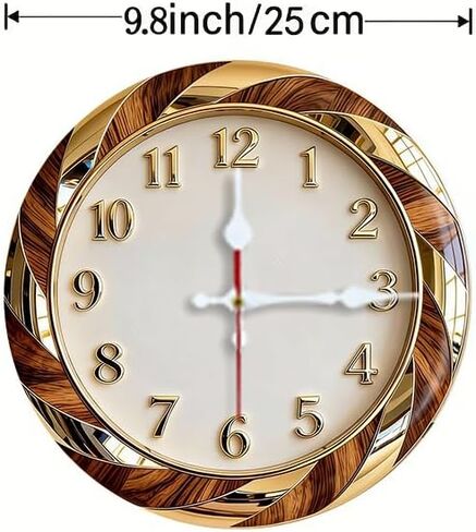 Wall Clock Art Print, Silent Non Ticking Battery Operated,Gold & Wood Grain Wall Clock 2D Art Print Decorative for Bathroom Kitchen Bedroom 10 inch & 12 inch, Ships Next Day，No Battery in Saudi Arabia