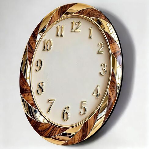 Wall Clock Art Print, Silent Non Ticking Battery Operated,Gold & Wood Grain Wall Clock 2D Art Print Decorative for Bathroom Kitchen Bedroom 10 inch & 12 inch, Ships Next Day，No Battery in Saudi Arabia