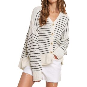 Womens Casual V Neck Striped Button Long Sleeve Sweater Cardigan Ladies Dressy Open Front Sweater Spring 2025 in Kuwait